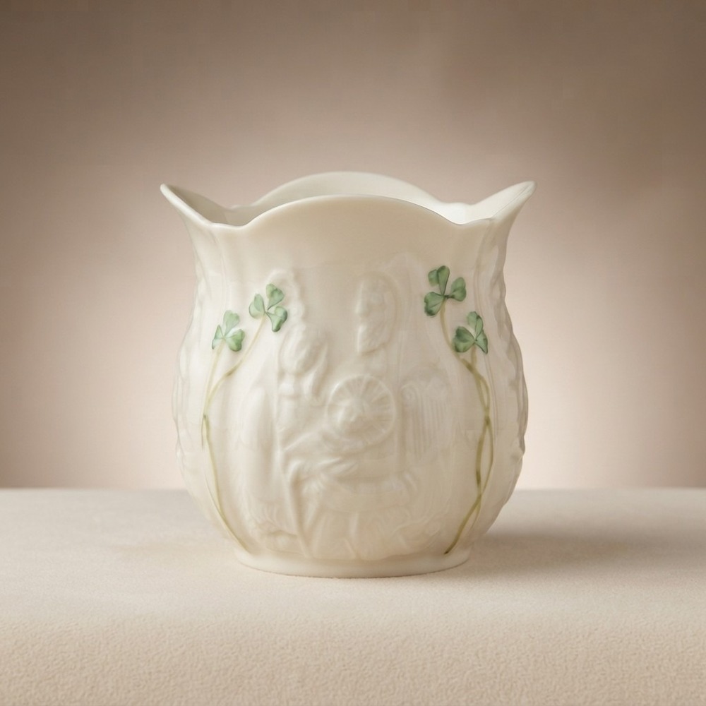 Belleek Ireland Porcelain Shamrock Nativity Holy Family Votive Candle Holder